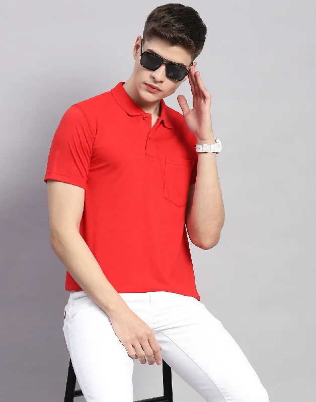 Men's short-sleeve designer shirt-Men Red Solid Polo Collar Half Sleeve T-Shirt