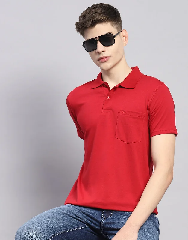 Men's short-sleeve beach tee-Men Red Solid Polo Collar Half Sleeve T-Shirt