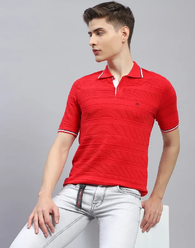 Men's short-sleeve organic cotton shirt-Men Red Solid Polo Collar Half Sleeve T-Shirt