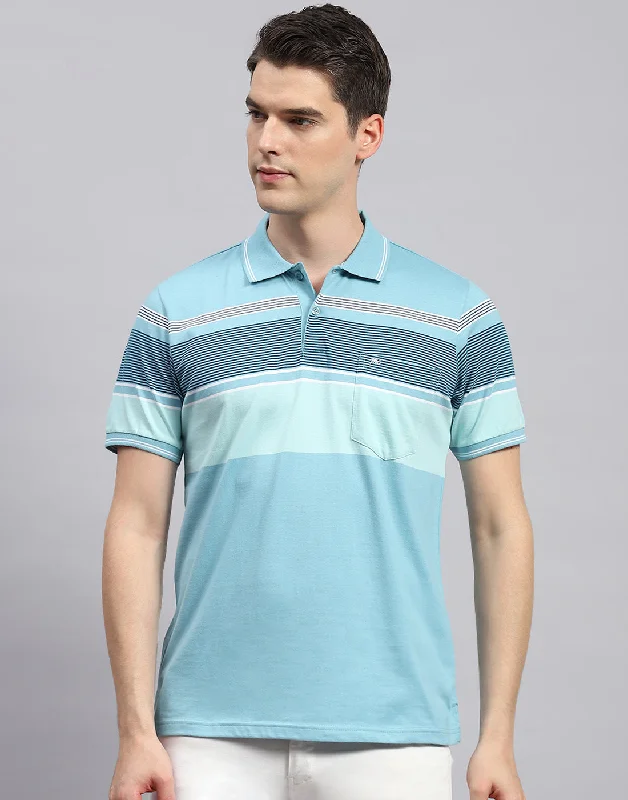 Men's short-sleeve surfing teal shirt-Men Sky Blue Stripe Polo Collar Half Sleeve T-Shirt