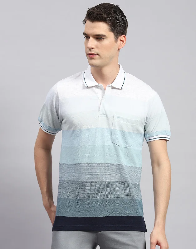 Men's short-sleeve office gray shirt-Men Sky Blue Stripe Polo Collar Half Sleeve T-Shirt