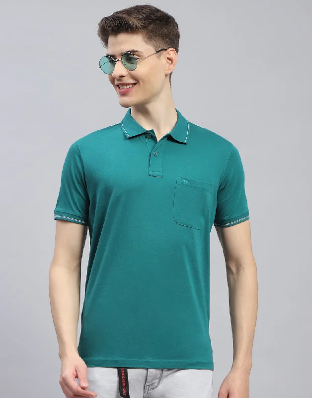 Men's short-sleeve white shirt-Men Teal Blue Solid Polo Collar Half Sleeve T-Shirt