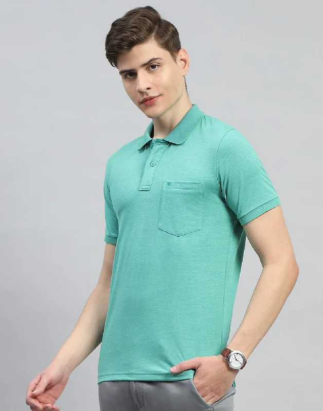 Men's short-sleeve retro shirt-Men Turquoise Blue Solid Polo Collar Half Sleeve T-Shirt