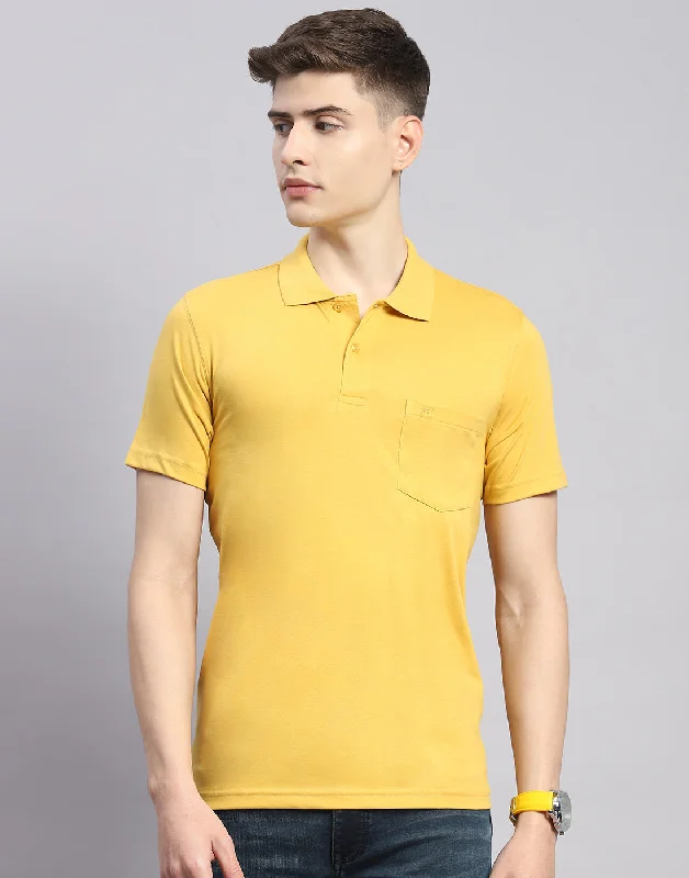 Men's short-sleeve breathable shirt-Men Yellow Solid Polo Collar Half Sleeve T-Shirt