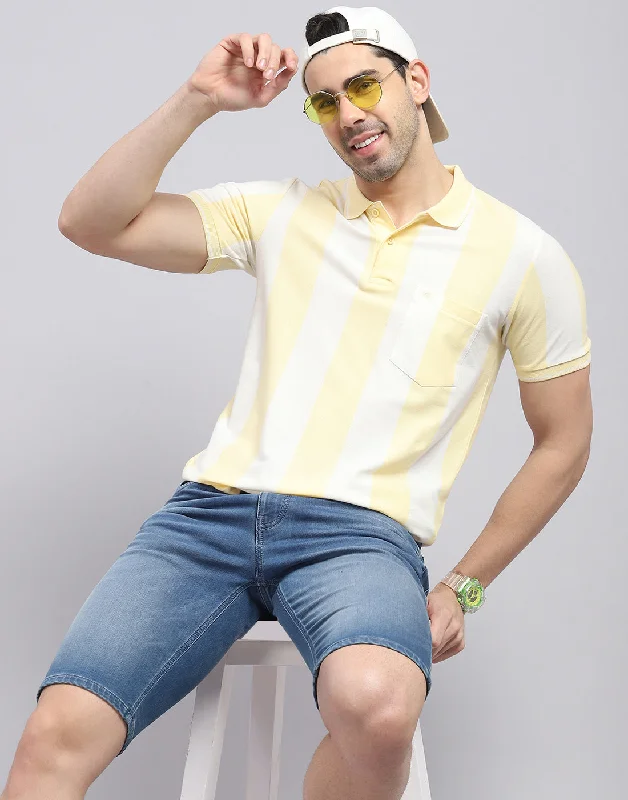 Men's short-sleeve minimalist shirt-Men Yellow Stripe Polo Collar Half Sleeve T-Shirt