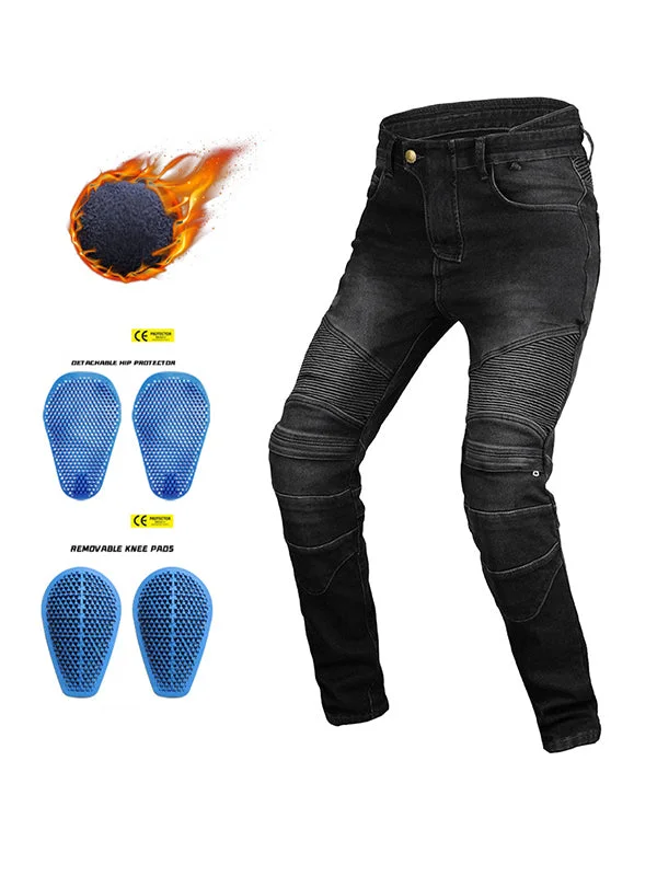 men's tailored blue athletic pants-Men’s Winter Fleece-Lined Retro Slim-Fit Denim Motorcycle Pants with Knee & Hip Protectors