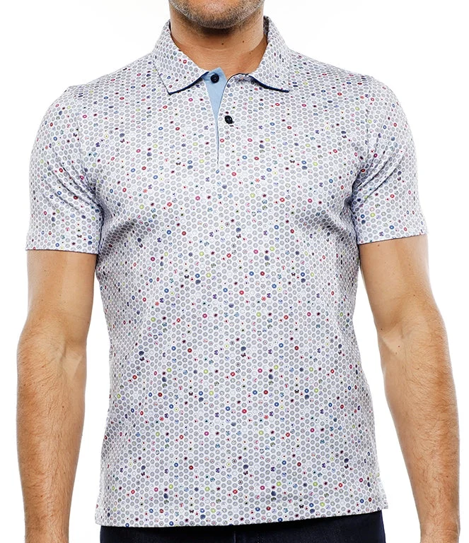 Men's short-sleeve olive tactical shirt-White Polo with Multicolor Floral Shapes (Tall)